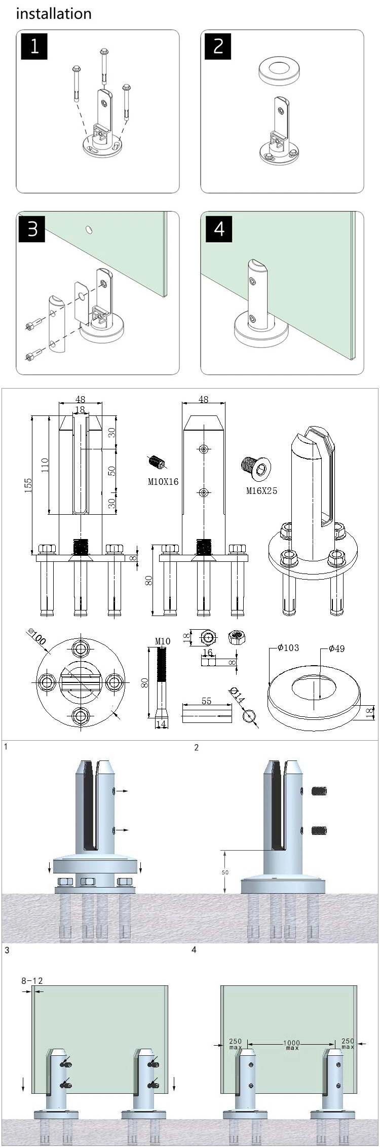 Glass Mounting Hardware Stainless Steel 316 Glass Fence Spigot